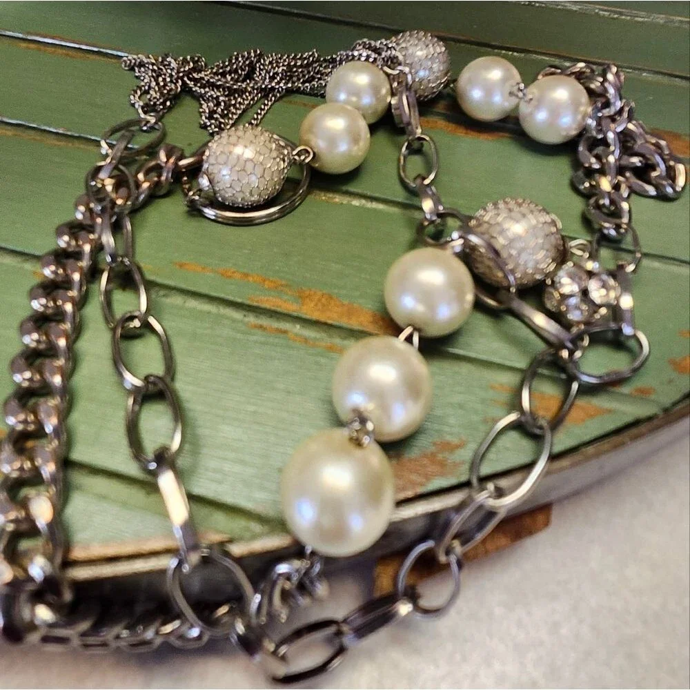 Silver Toned Long Necklace, Faux Pearls &  Clear Gemstones, 20